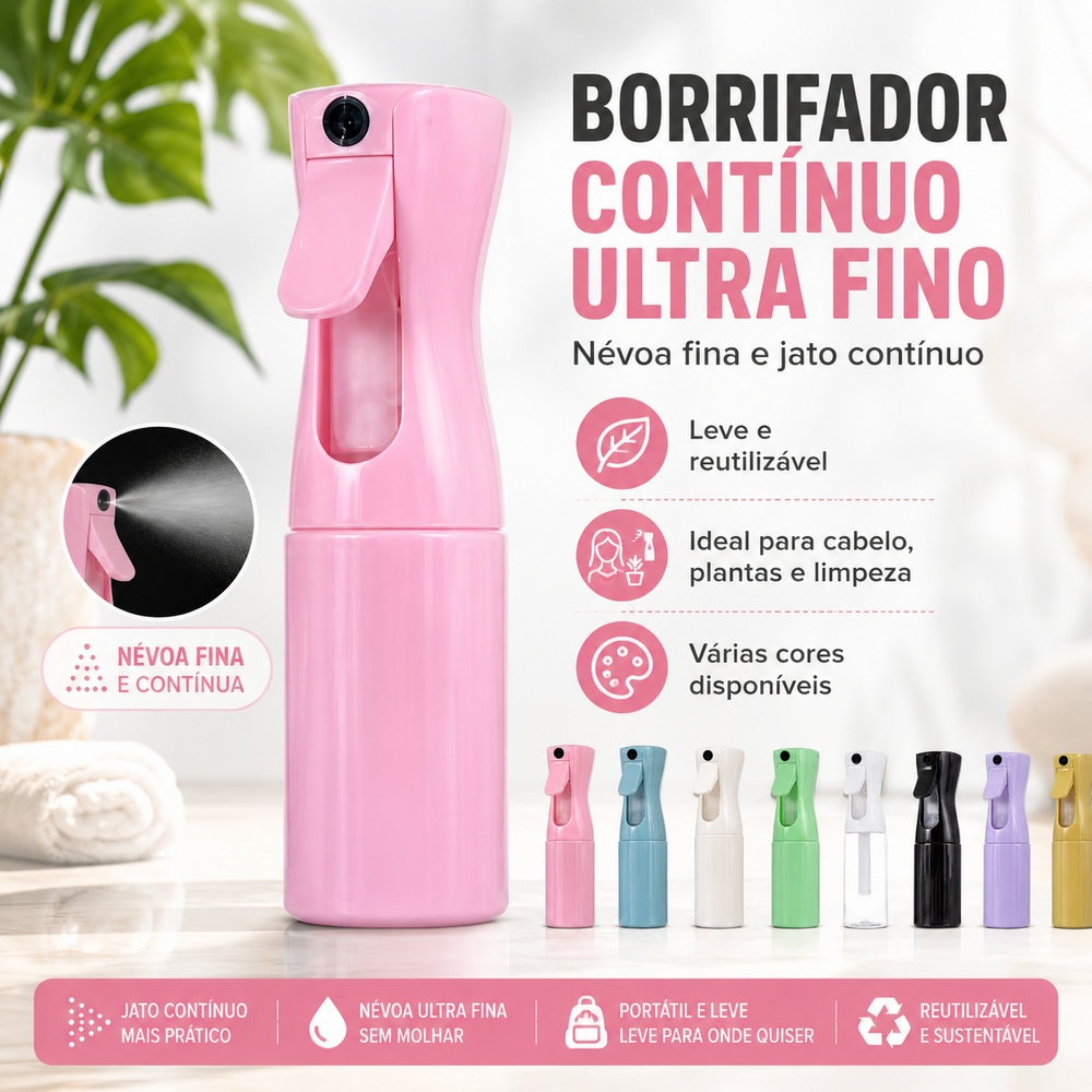 Borrifador Contínuo Spray Névoa Fina Reutilizável para Cabelo Plantas Limpeza Salão Casa Portátil Várias Cores