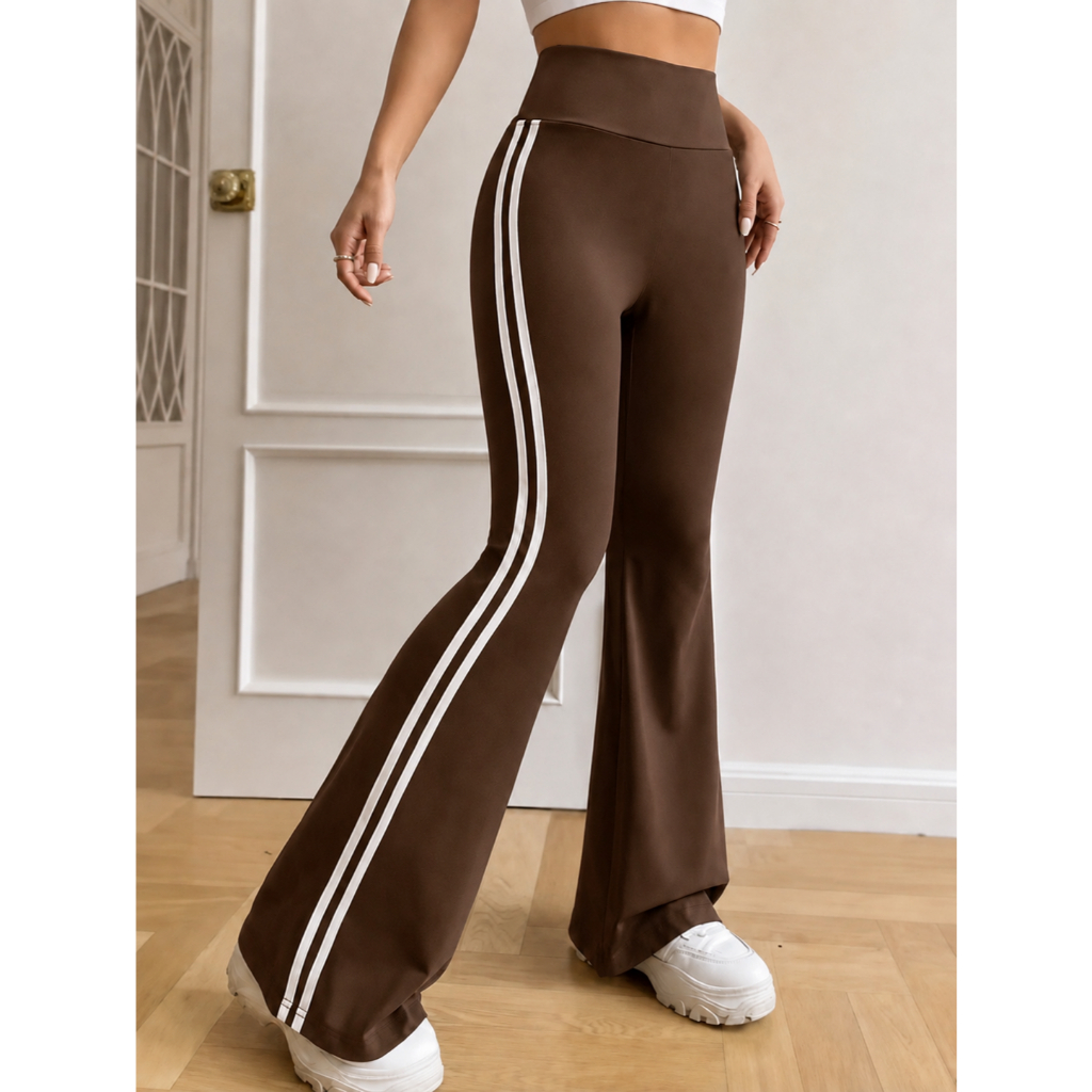 Calça Flare Bailarina Feminina com Cós Alto em Suplex Listras Lateral Academia