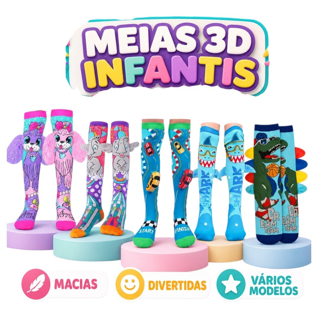Meia 3 D Infantil divertida colorida.