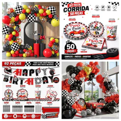 Kit Festa Corrida Conjunto Louça Descartáveis + Arco Balões Decoração Festa Aniversário Infantil Menino Tema Veículo