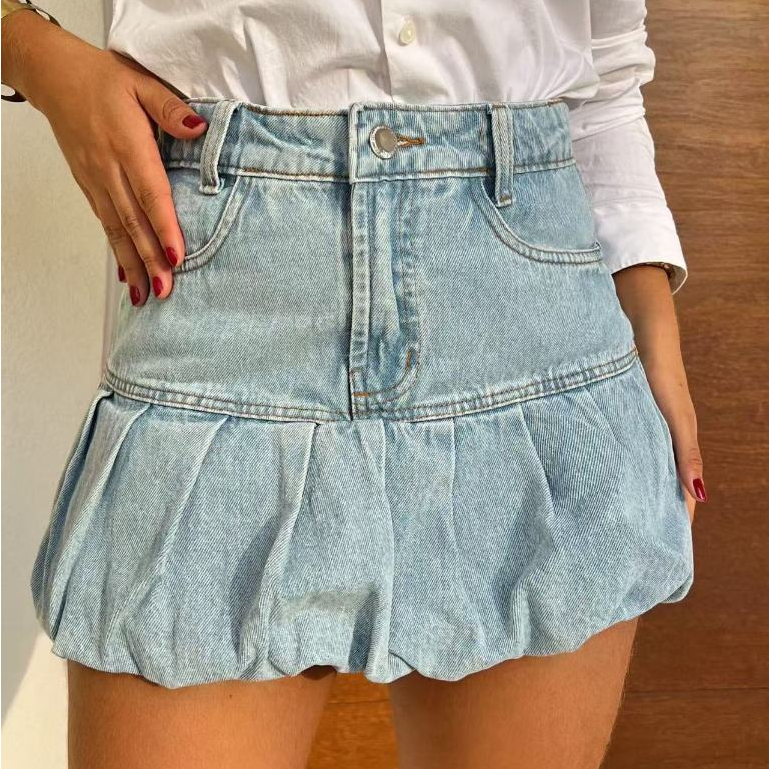 Saia Jeans balão Feminina com Babado Saia fofu Jeans desbotado plissado Saia mini plissada