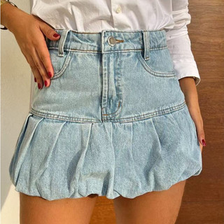 Saia Jeans balão Feminina com Babado Saia fofu Jeans desbotado plissado Saia mini plissada