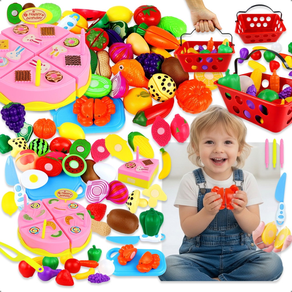 Kit Comidinhas Infantil 34 Peças Frutas Legumes de Cortar Cesto Bolo Brinquedo Educativo Cozinha
