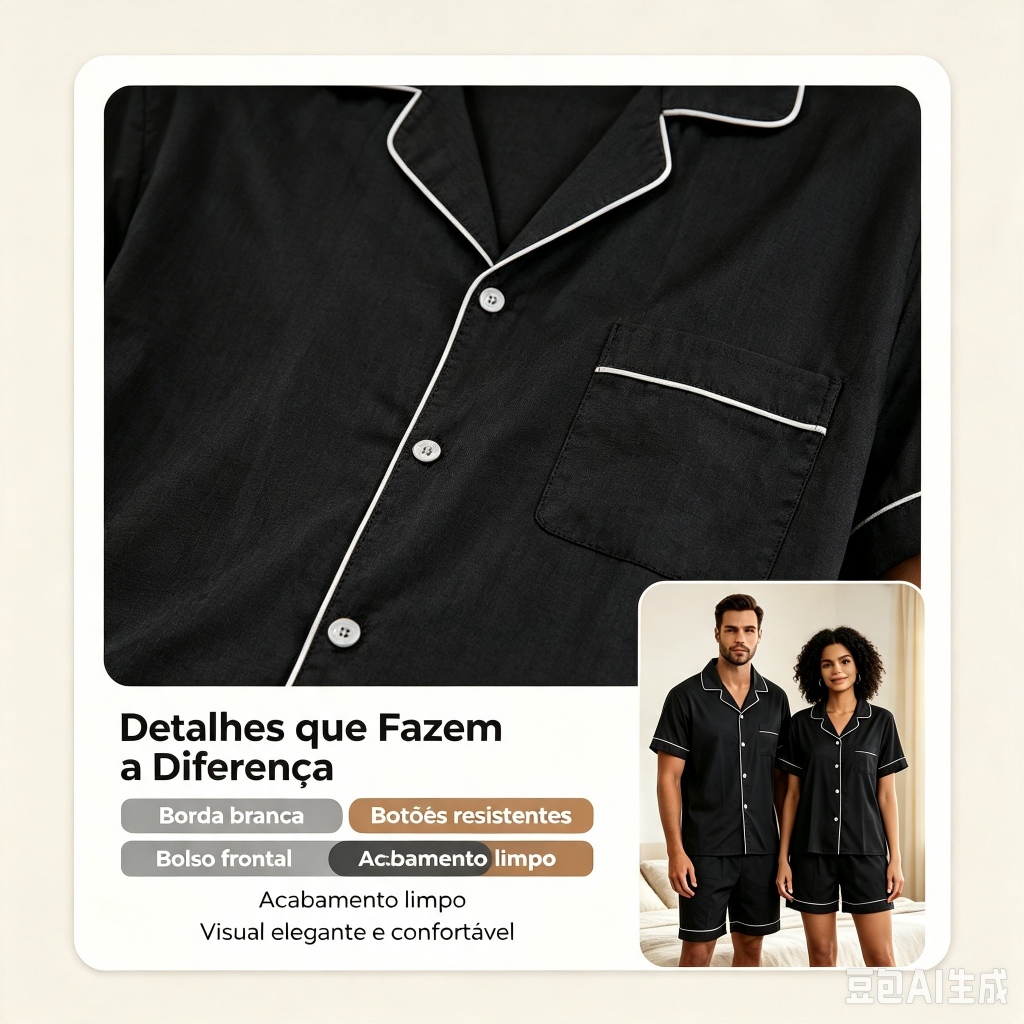 ConjuntoPijamaCasalVerãoPretocomBordaBranca,CamisetaManga Curta+Short,Modelo para Homem e Mulher,Pijama de CasaElegante · foto 2