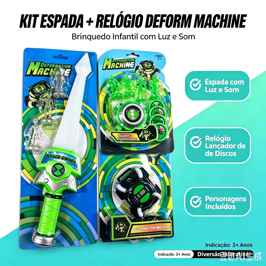 Relogio/LANCADOR/ESPADA Infantil Ben 10 Omnitrix C/ Luz Hora Sons Aliens