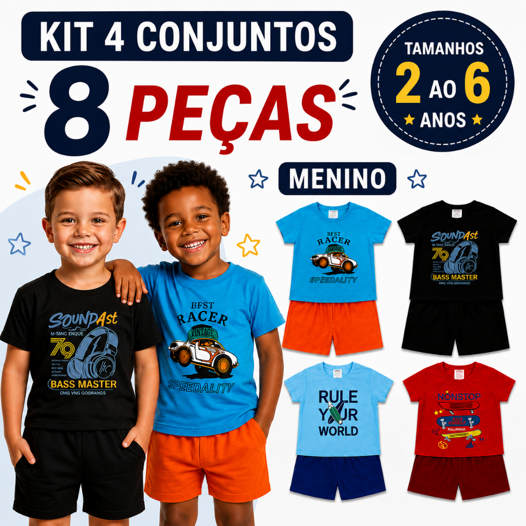 Kit 8 Peças Roupa Infantil Menino 4 Conjuntos Verão Algodão Moletinho Tam 2 4 6 Estampas Sortidas