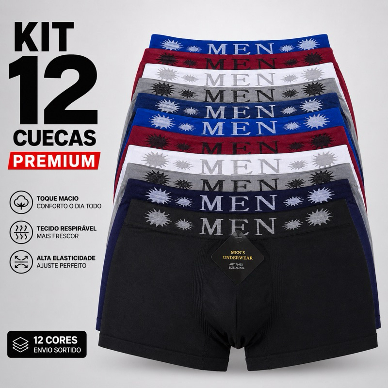 Kit 12 Cuecas Boxer Masculina Sem Costura Microfibra Confortável Respirável Elastano Premium