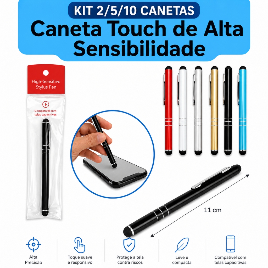 Kit Caneta Touch Screen Universal para Tablet, Celular, Tablet, Tela Desenho Cores Sortidas