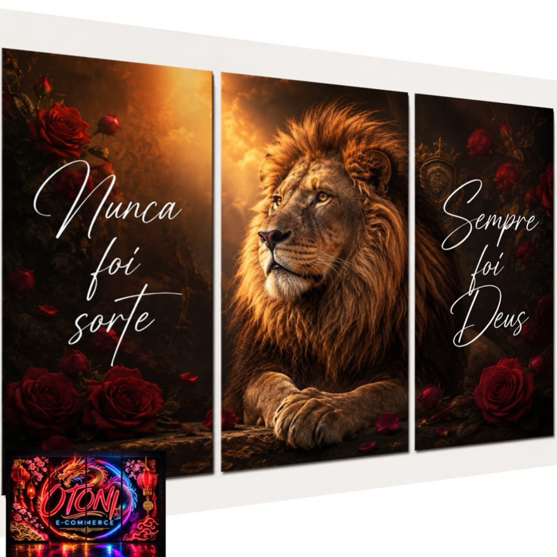 Quadros Decorativos Leão De Judá Fé Religioso Rosas Vermelhas Nunca Foi Sorte Sempre Foi Deus 3 Peças Decoração