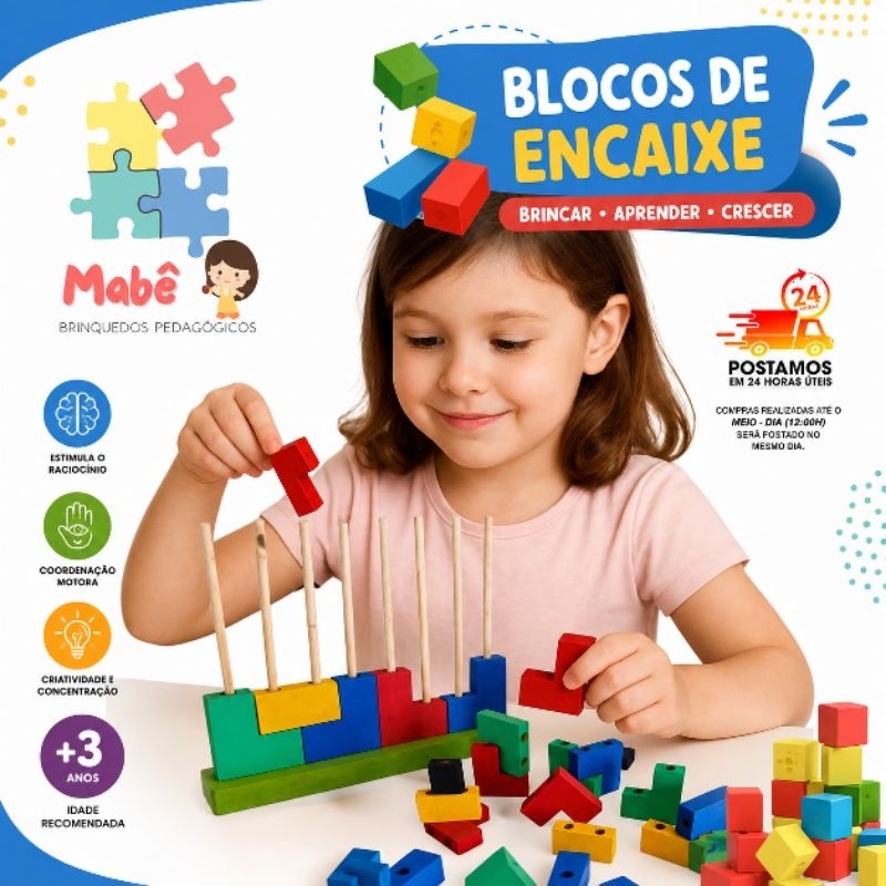 Blocos de Encaixe Vertical 20 Pçs Coloridas em Madeira Tetris 3D
