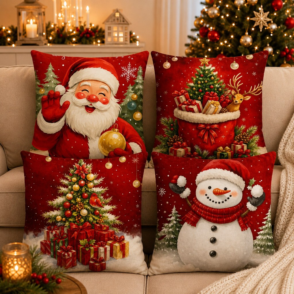 Kit Natal com 4 Capas para Almofadas Decorativas Feliz Natal