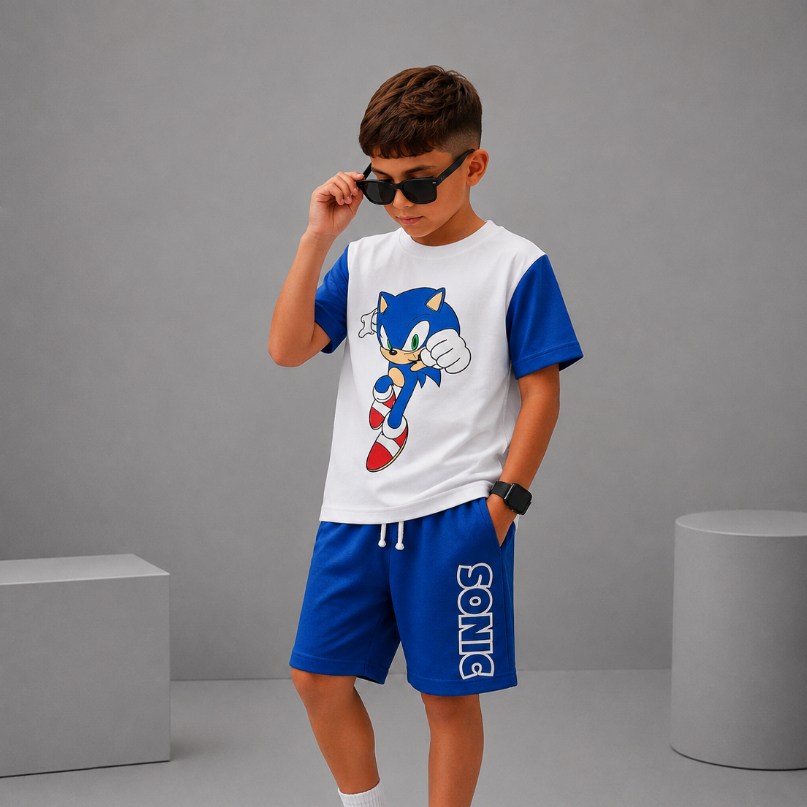 Conjunto com camiseta e shorts do sonic masculino infantil no tecido dry fit do 2 ao 14 anos TECIDO LEVE