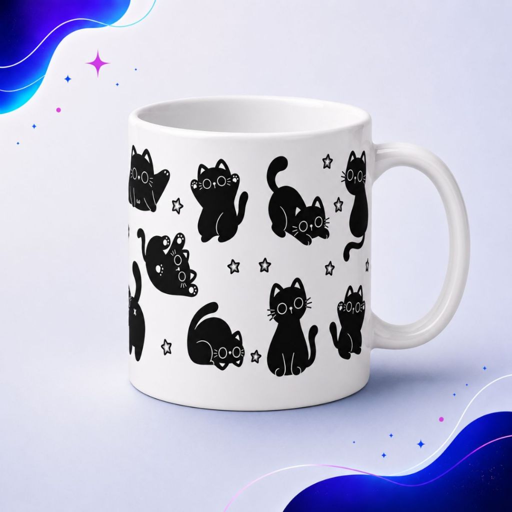 Caneca Gatinhos Fofinhos Com Estrelinhas Patinha De Gatos - Branco 325ml