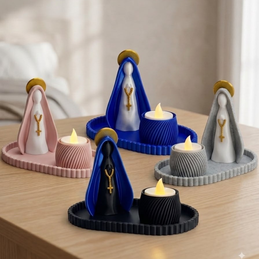 Imagem Nossa Senhora Aparecida Minimalista / Kit Completo Cantinho Da Oração Com Bandeja, Porta Vela e Vela Led