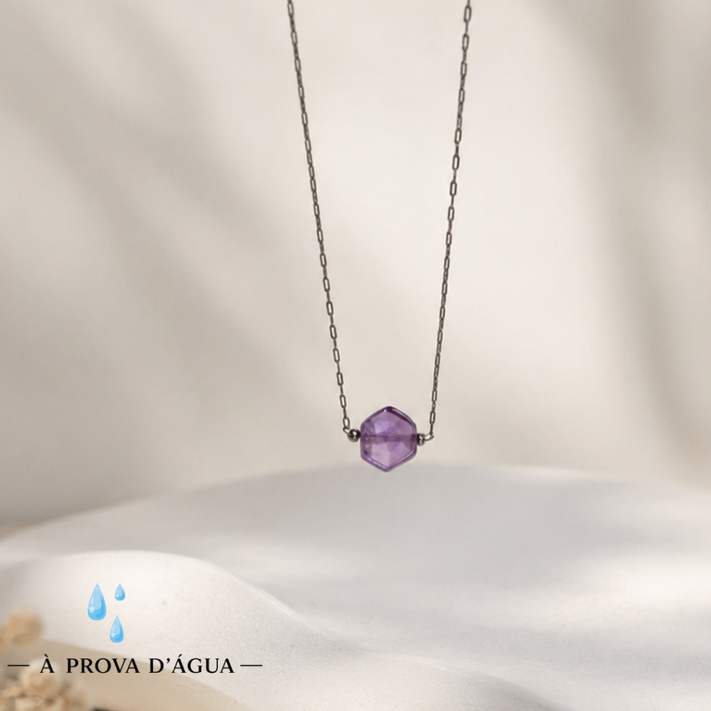 Colar Pedra Natural Ametista Quartzo Rosa Amazonita Aquamarine em Aço Inoxidável
