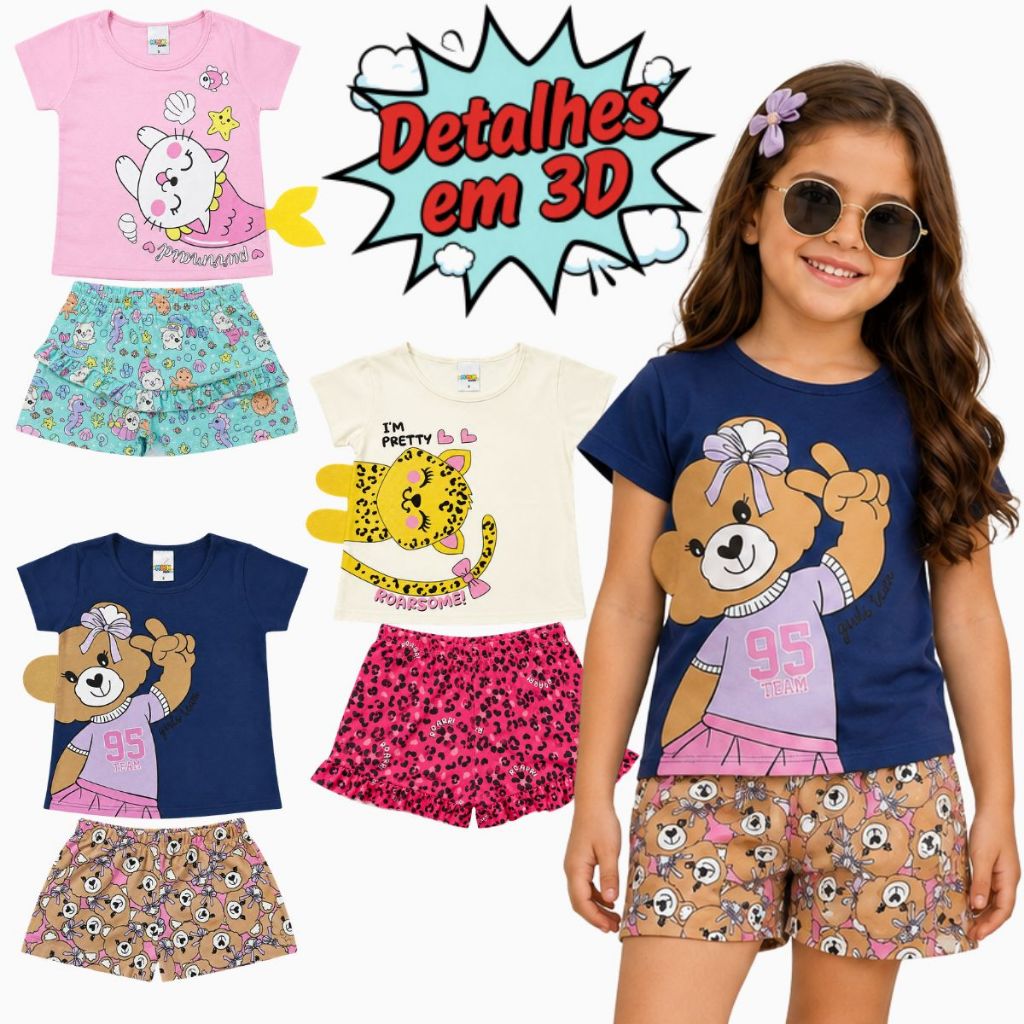 Conjunto Infantil Menina do Tamanho 1 ao 10 Verão I Conjunto Infantil Feminino blusa + shorts Infantil