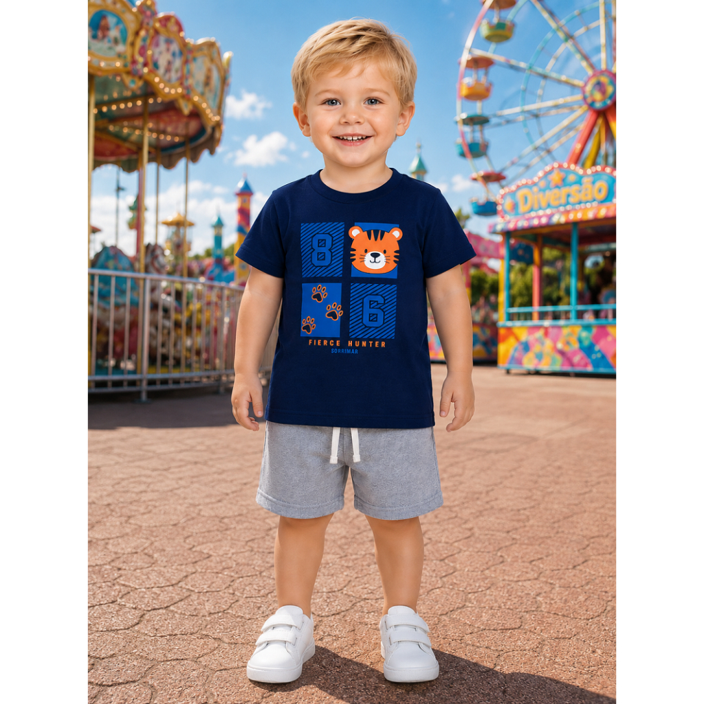 Conjunto Masculino Infantil Camiseta Estampa Gato + Shorts Moletinho Confortável Casual Kids 100% Algodão