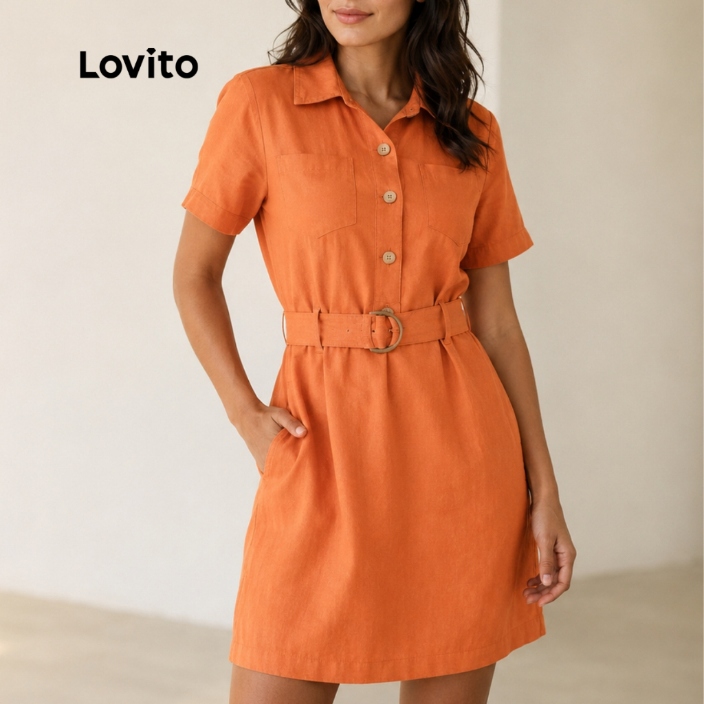 Lovito Vestido Chemise Feminino com Cinto Ajustável DRB956BRL986