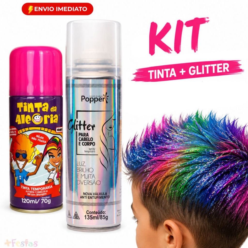 Kit Cabelo Maluco Tinta Spray Colorida Glitter Holográfico Brilho Infantil Festa Temporário