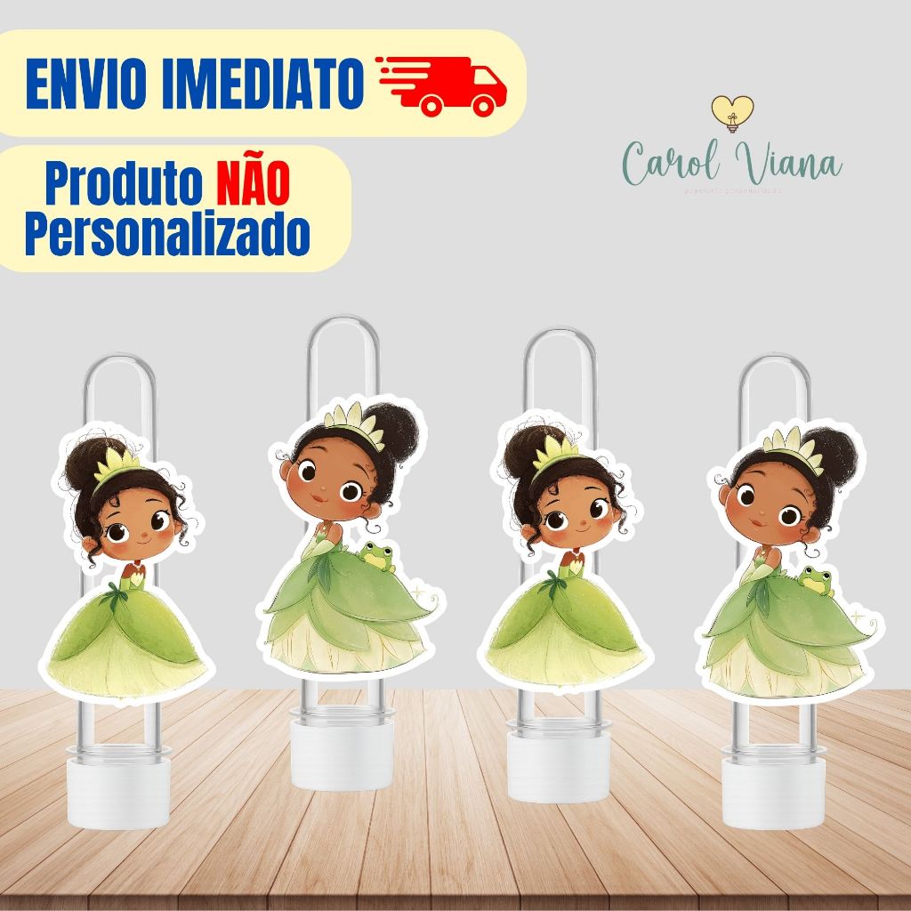 Aplique Para Tubete Tiana Cute A Princesa e o Sapo | Tag Topper Personalizado | Lembrancinha Festa Infantil Aniversário