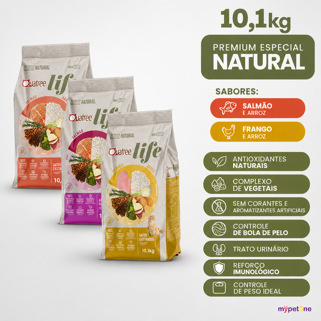 Ração Quatree Life Gatos Filhotes, Adultos e Castrados 3kg e 10,1kg - Frango / S