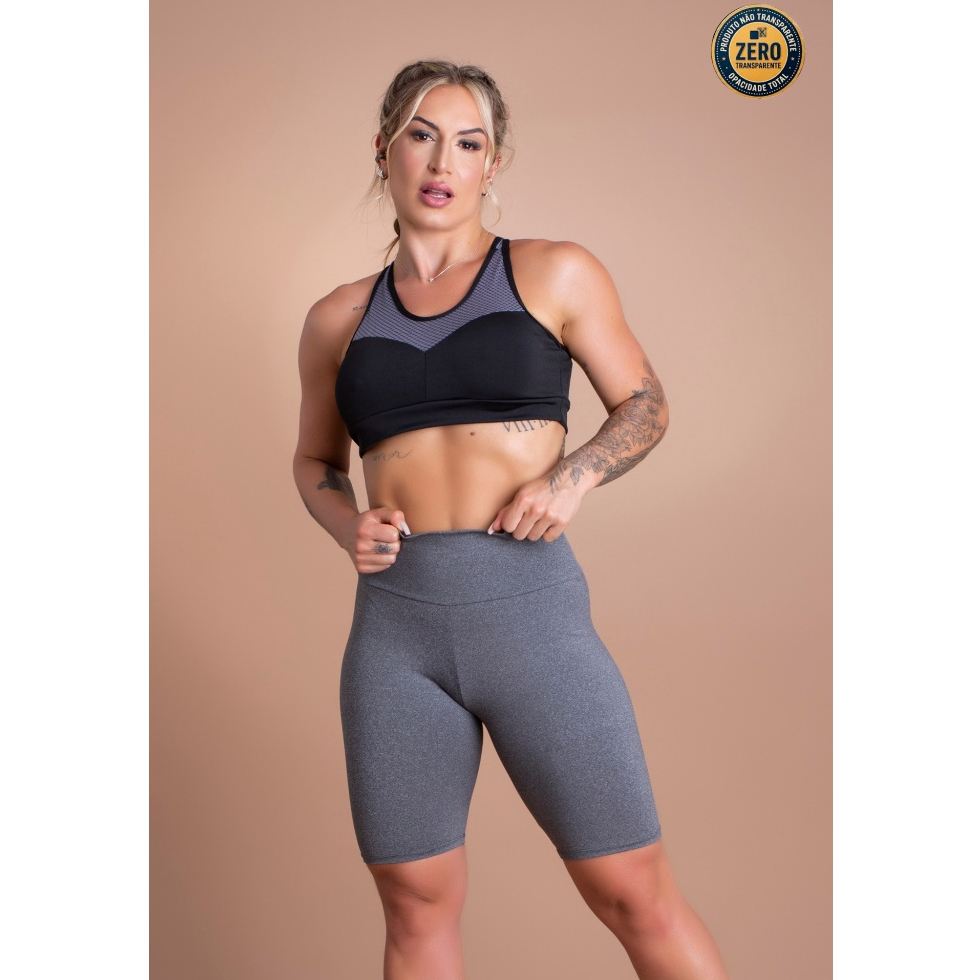 Conjunto Fitness Feminino Bermuda Lisa Cintura Alta E Top Nadador Sustentação Tela Academia Treino ZERO TRANSPARÊNCIA
