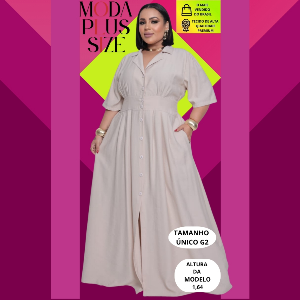 💖 Vestido Feminino Chemise Longo Plus Size G2 (48 ao 52) Elegante Confortável💖