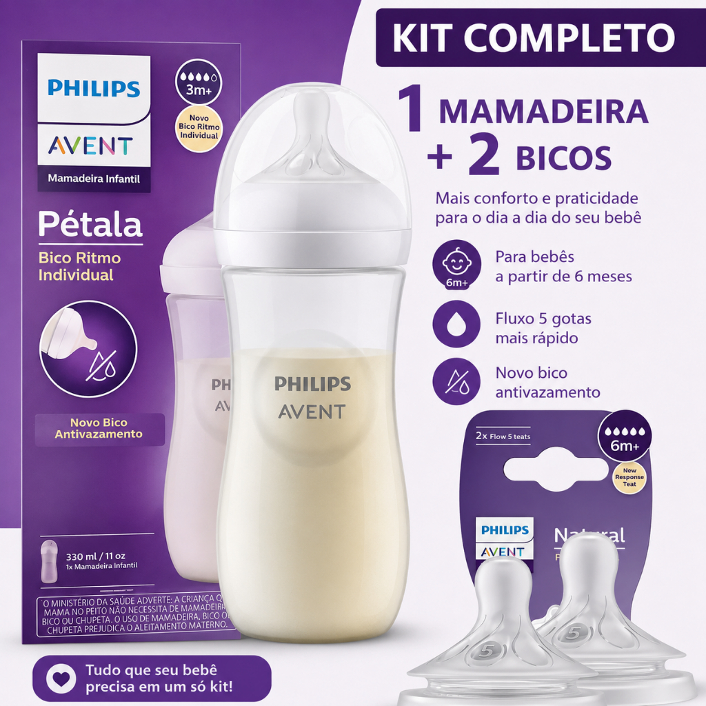 Kit Mamadeira Pétala 330ml + 2 Bicos Nº5 6m+ Avent 3.0