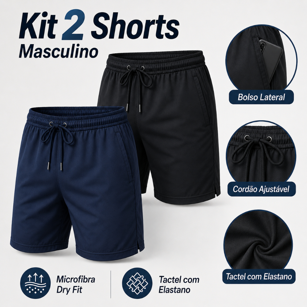 Kit 2 Shorts Masculino Tactel Com Elastano Microfibra Dry Fit Bolso E Cordão Ajustável Academia Praia Treino Casual
