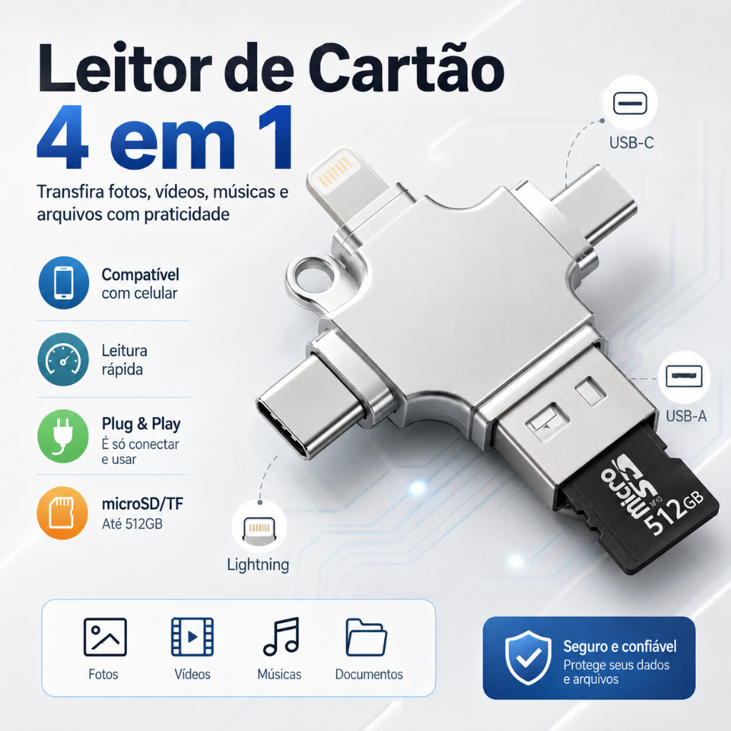 Leitor OTG 4 em 1 USB 3.0 com Type-C Lightning Micro USB e Entrada TF/microSD para Celular Tablet e Notebook