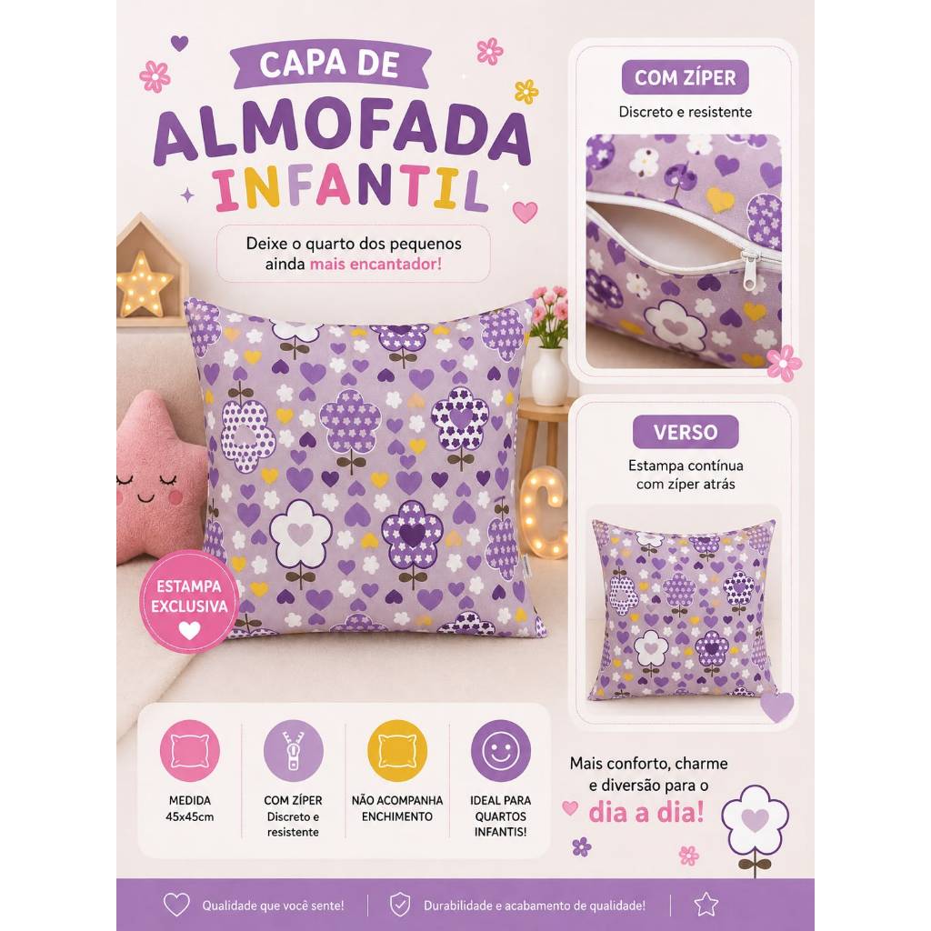 Capa Almofada Decorativa Estampada Infantil 45x45 Dupla Face