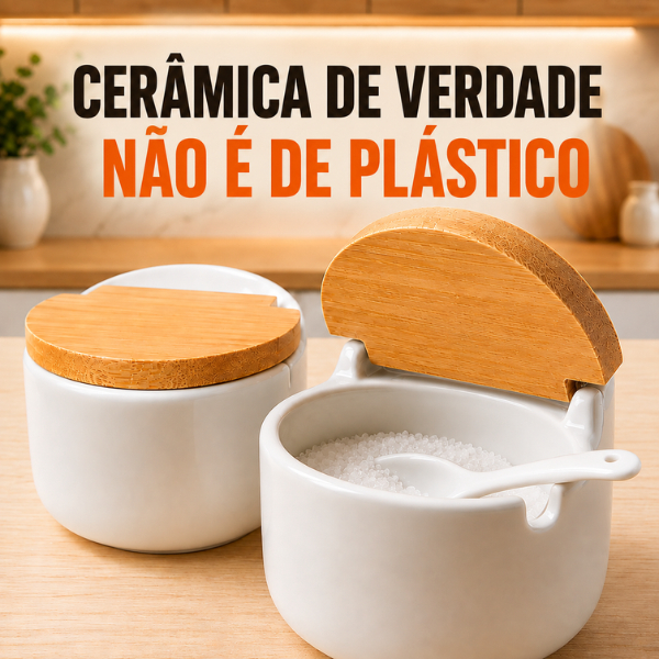 Saleiro De Mesa Em Cerâmica Tampa De Madeira Bianco Lyor