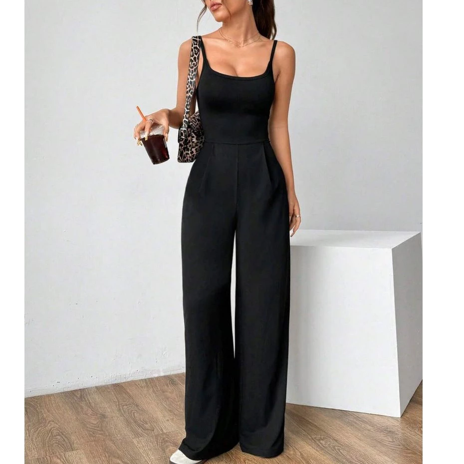Macacão Pantalona Feminino Longo Básico Com Decote Tiras Nas Costas Alça Fina Casual — imagem 1