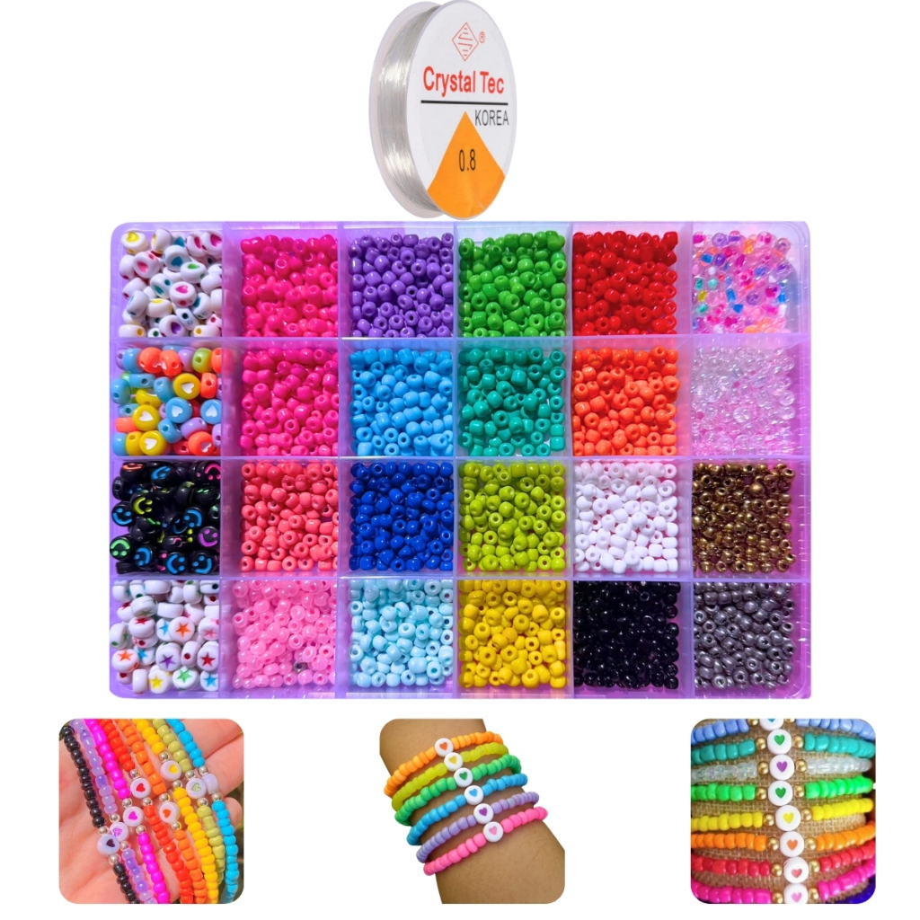 Kit Miçangas de vidro Completo entremeio colorido infantil pulseira colar + Sili