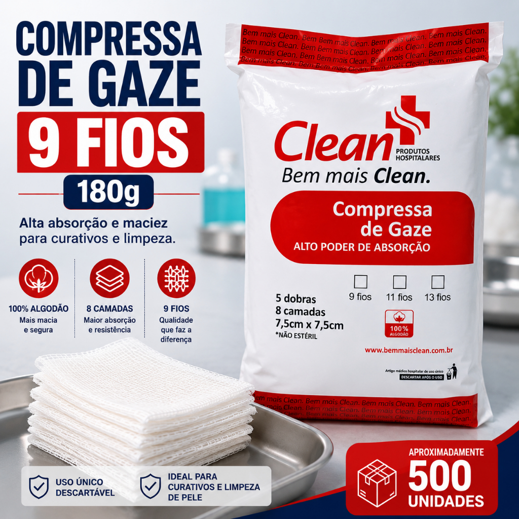 Compressas De Gazes 9 Fios Com 500 Unidades Não Estéril Pacote  Curativo Hospitalar