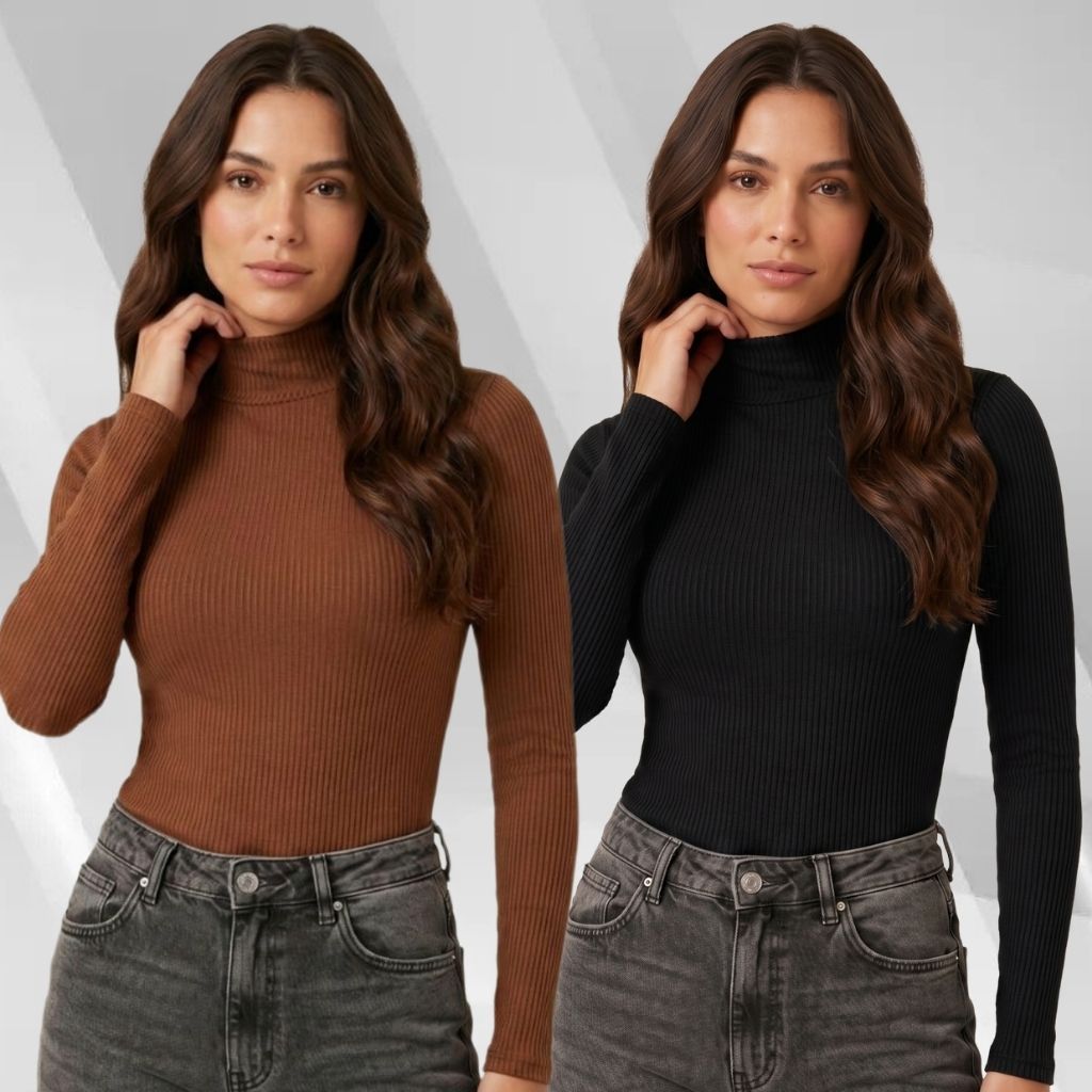 Kit 2 Blusas Cacharrel Feminina Manga Longa com Gola Alta Canelada Confortável Para o Inverno