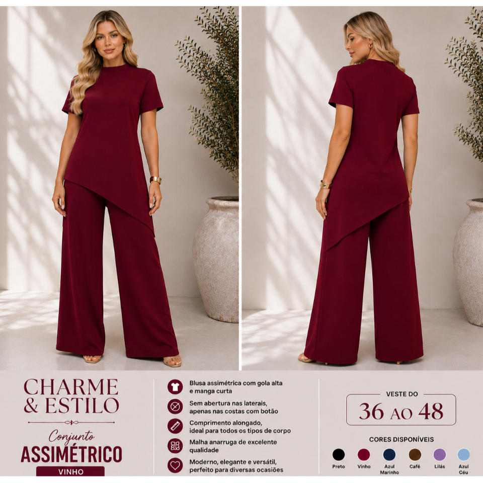 Conjunto Feminino Blusa Assimétrica Elegante e Calça Pantalona Tendência Moda Blogueira Anarruga Blusa Manga Curta
