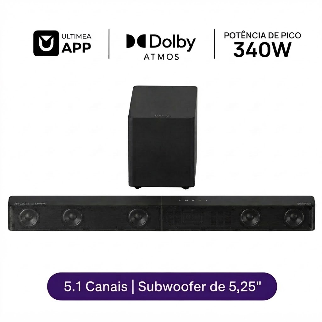 Soundbar ULTIMEA Poseidon M60 Boom 5.1 Canais, Dolby Atmos, Sistema de Som Surround com Subwoofer, Home Theater para TV