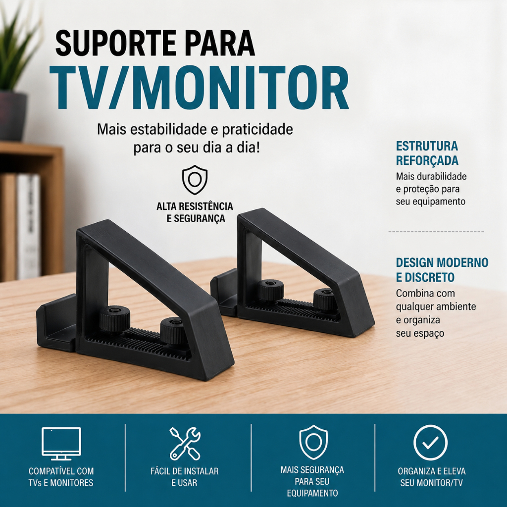 Kit Suporte de Mesa Ajustável Universal para TV e Monitor 12'' a 32'' Polegadas, Base Regulável Reforçada Antiderrapante