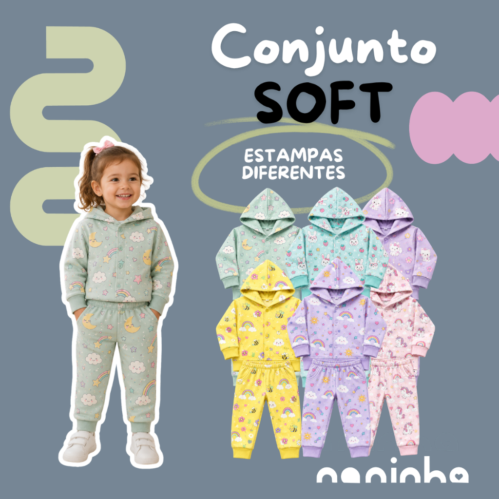 Kit 3 Conjunto de Roupa Sortido Infantil Menina Soft Estampado Bebê Inverno Quentinho - 6 Peças | P a 3 anos