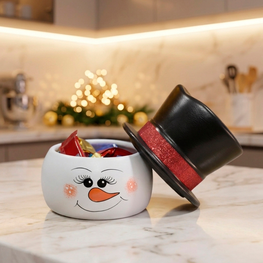 Boneco de Neve Enfeite Natal Cerâmica com Tampa Decorar Lar Mesa Decoração Casa Moderno Decorativo Porta-Doces e Objetos