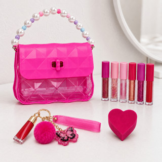 Kit de Maquiagem com Bolsinha Transparente, 6 Glosses, Chaveiro e Esponja Coração para Presente