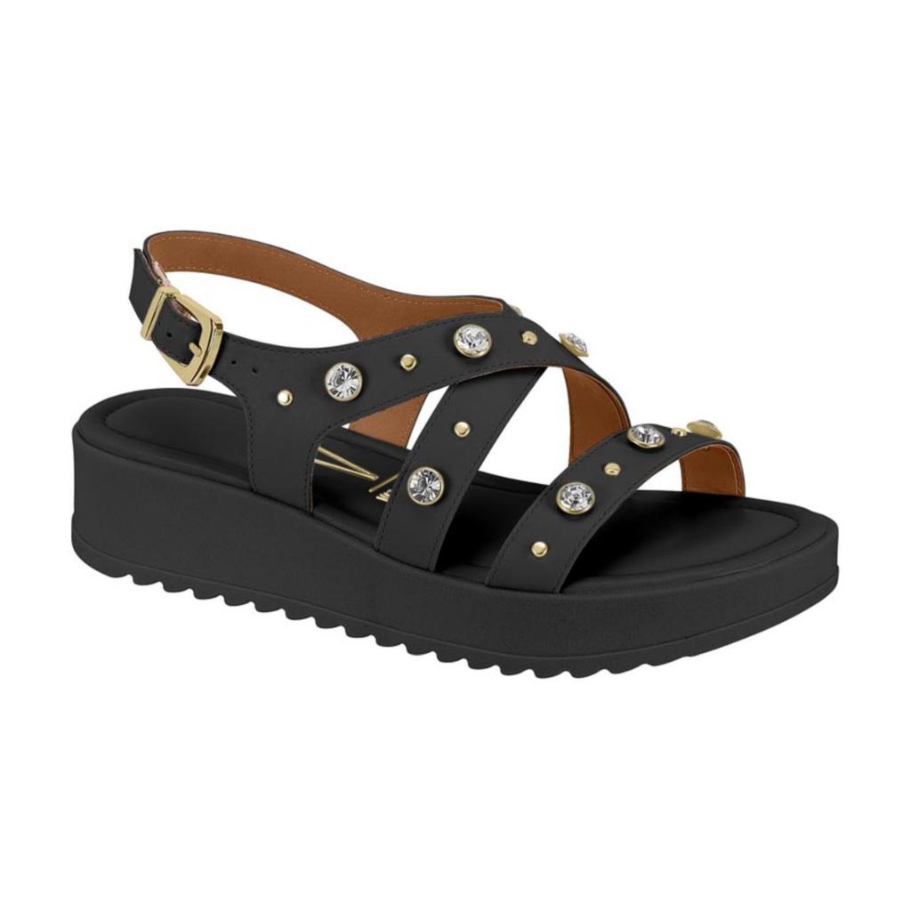 Sandália Papete Feminina Vizzano Original Pedraria Confortável Casual Leve Versátil Flatform Preto