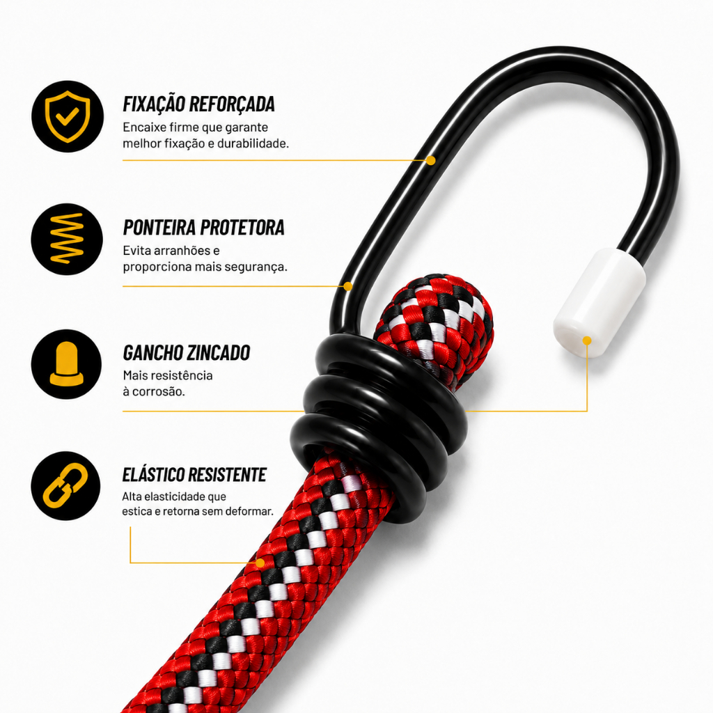 Kit 12/8/4 Elástico 2 Metros Reforçado Bagageiro Extensor Amarrar Carga Moto Bike Gancho Reforçado Cordinha — imagem 2 de 2