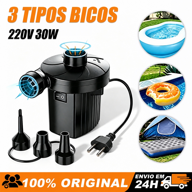 Bomba Elétrica Portátil para Inflar e Esvaziar Colchão, Boia e Piscina 3 Bicos