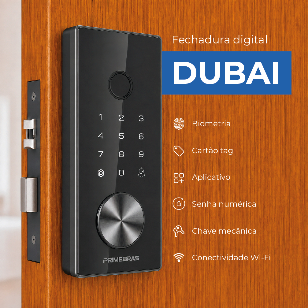 Fechadura Eletrônica Digital de Embutir Primebras Dubai Biometria Wi-Fi Abertura Remota App Google e Alexa Porta Madeira