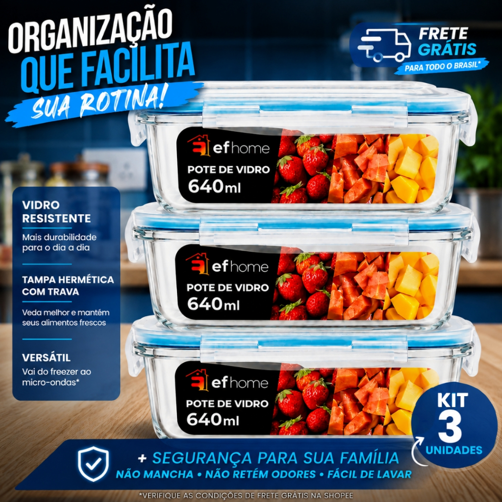 Conjunto Potes 640ml Vidro Hermético 4 Travas Marmita Alta Vedação Marmita Kit 3/2 - MENOR PREÇO