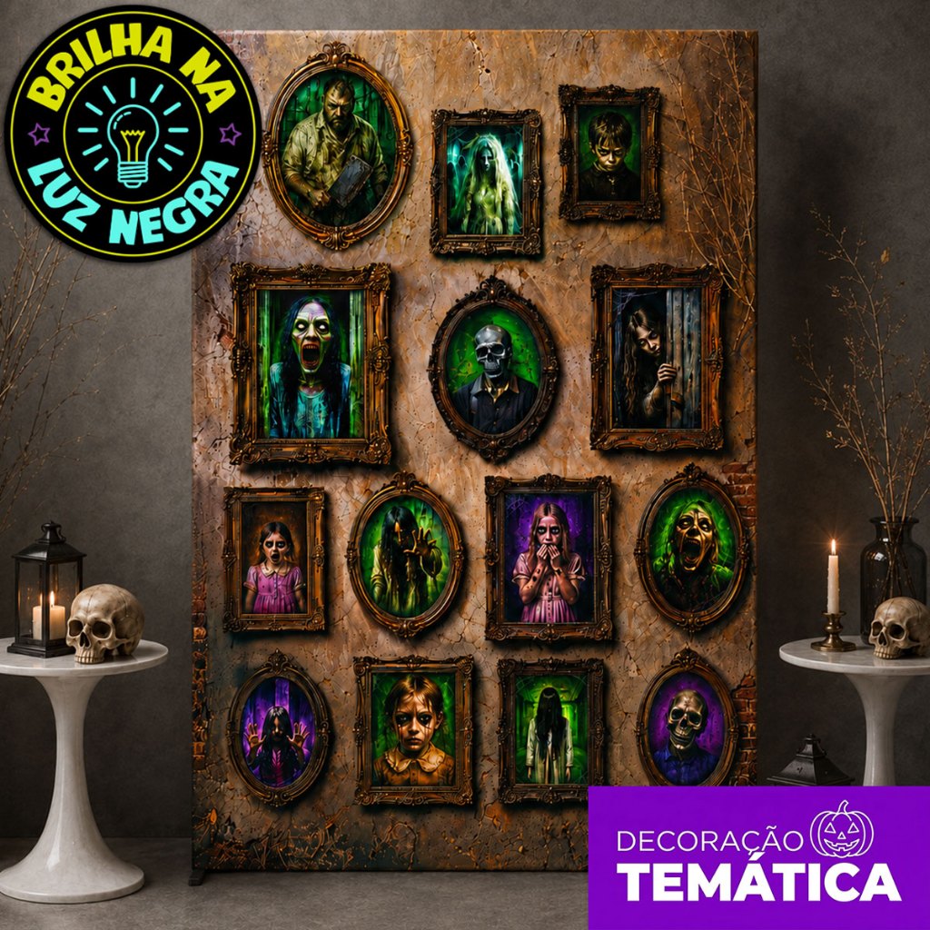 Painel Halloween Retangular 1,5x2,20m Decoração Terror Quadros Brilha C/Luz Negra Sublimado Tecido