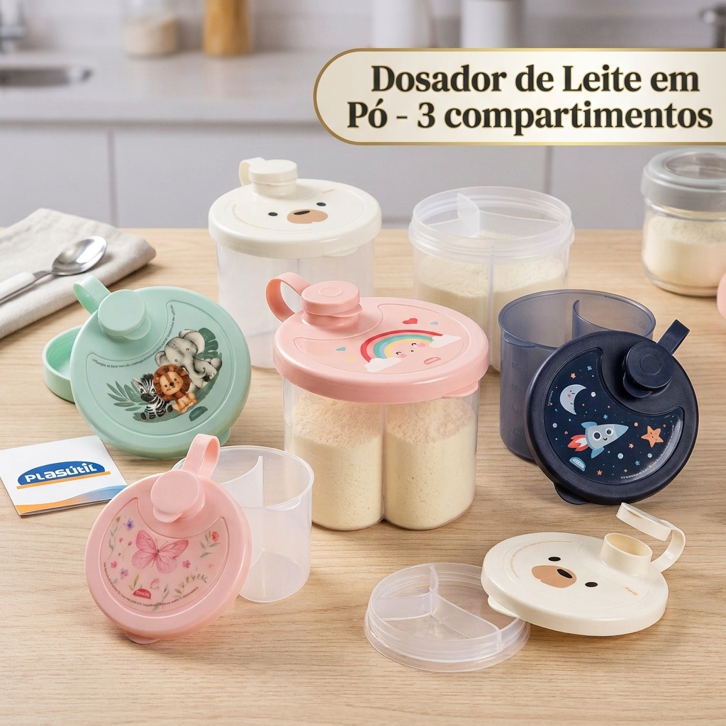 Porta Dosador Leite em Pó com Trava 3 Divisórias Fórmula Infantil Plasútil 300ml