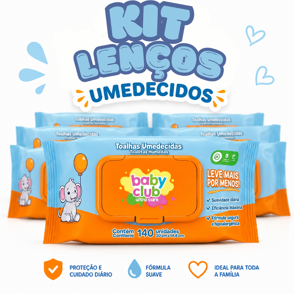 Kit Toalhas Umedecidas Baby Club Pacotes c/ 120 Lenços Hipoalergênico Bebe Neném Menina Menino